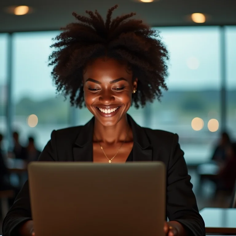 Mulher negra usando laptop em sala VIP de aeroporto.