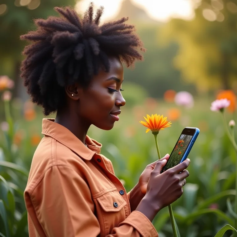 Mulher negra usando o Google Lens para identificar uma flor em um jardim.
