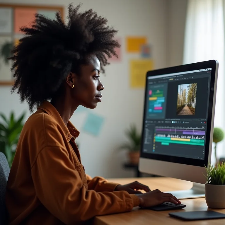 Mulher negra usando software de edição de vídeo para remover fundo