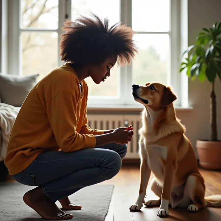 Mulher observando a linguagem corporal do cachorro