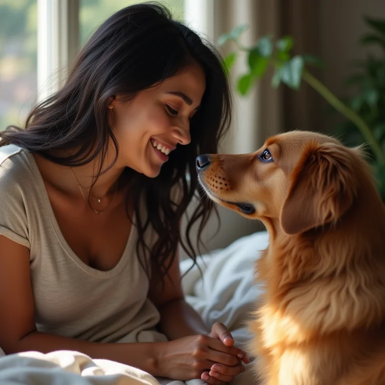 Mulher parda abraçando seu cachorro