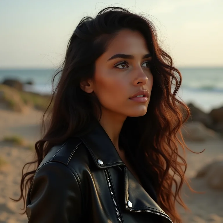 Mulher parda com jaqueta de couro olhando para longe