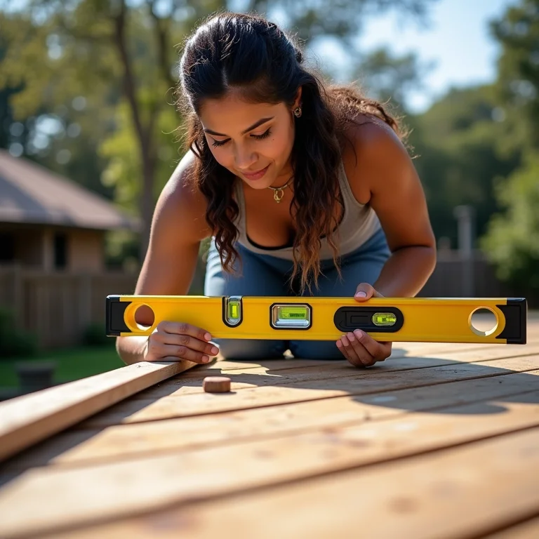 Mulher parda conferindo inclinação de deck de madeira