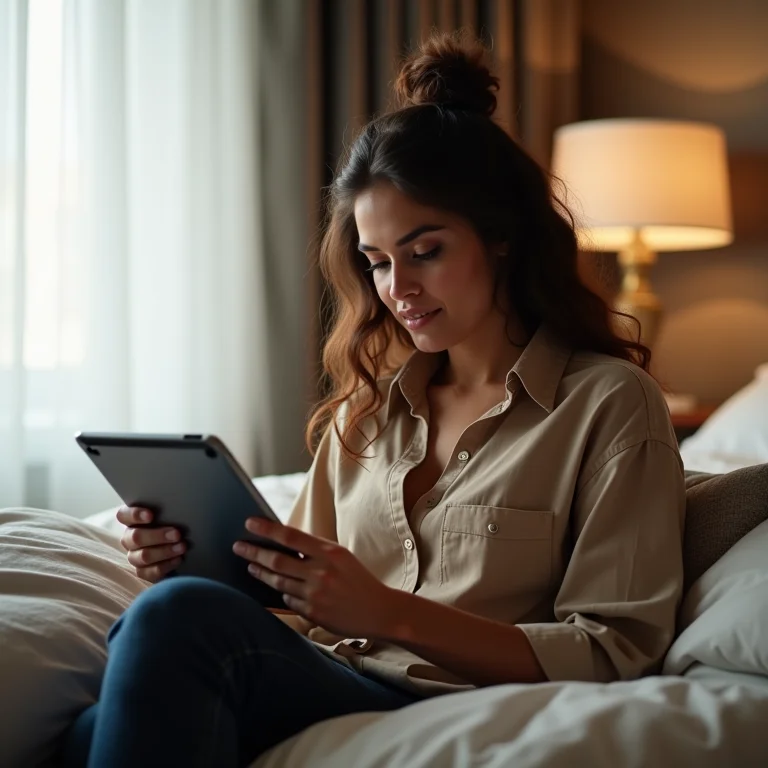 Mulher parda configurando VPN em tablet no quarto de hotel.