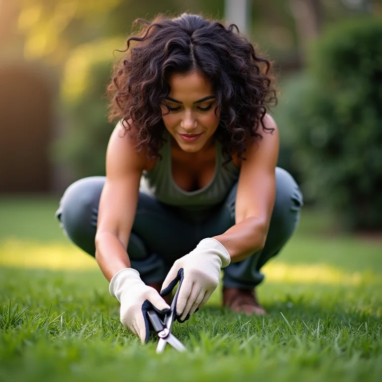 Mulher parda cuidando da manutenção do seu gramado.