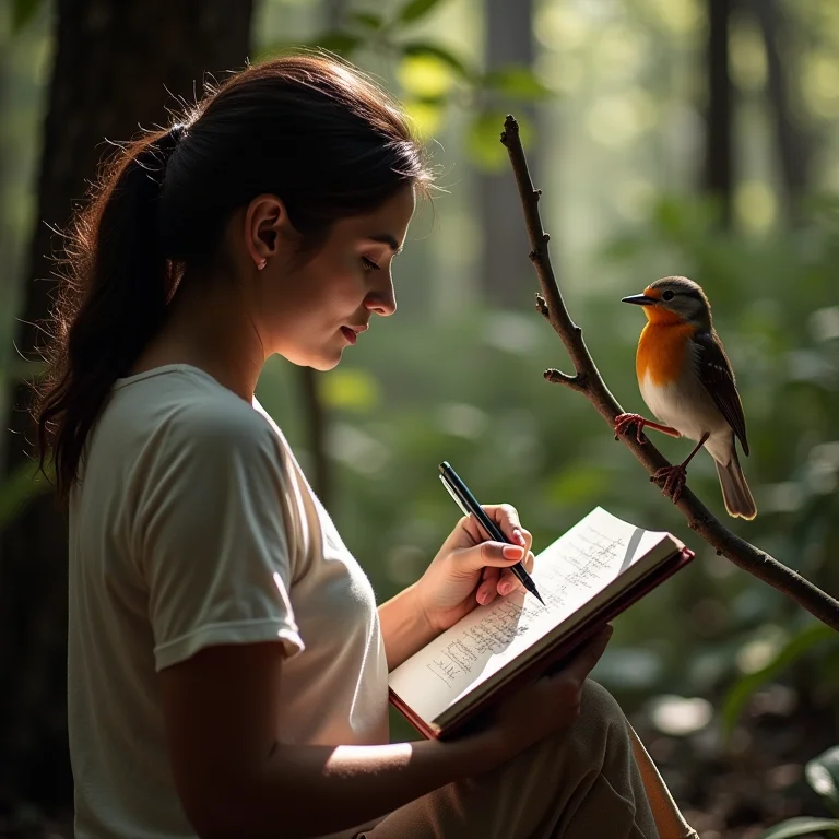 Mulher parda desenhando pássaro na natureza