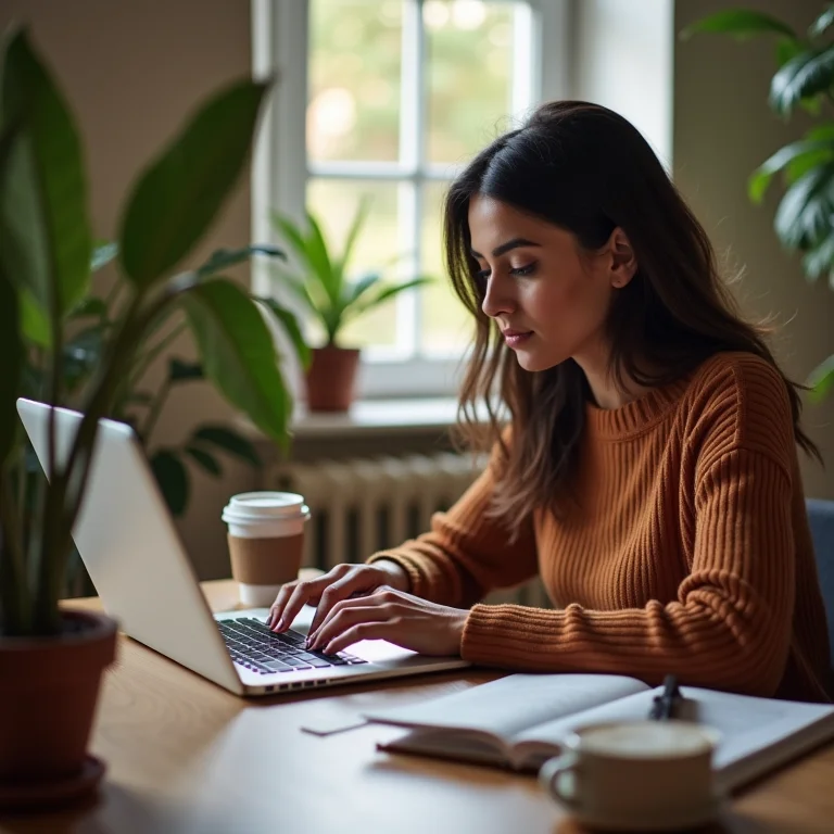 Mulher parda digitando em um laptop com uma xícara de café.