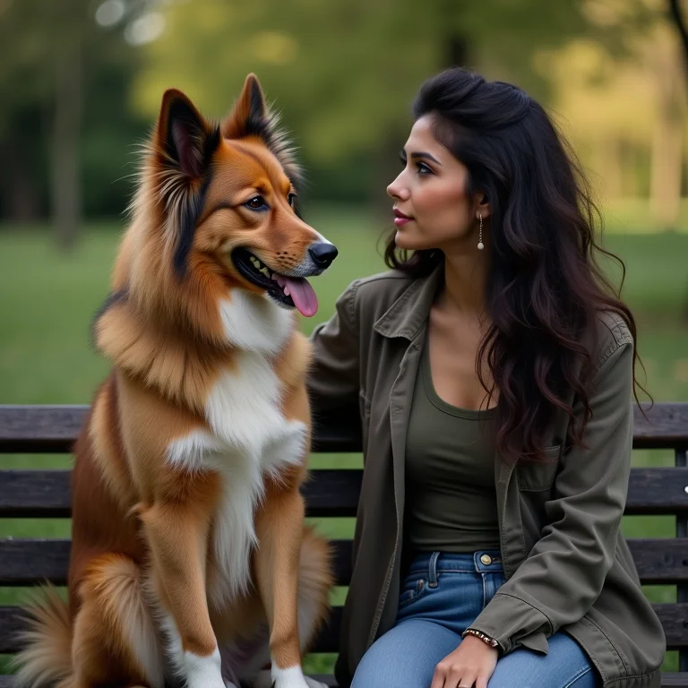 Mulher parda olhando para seu cachorro em um banco de parque.