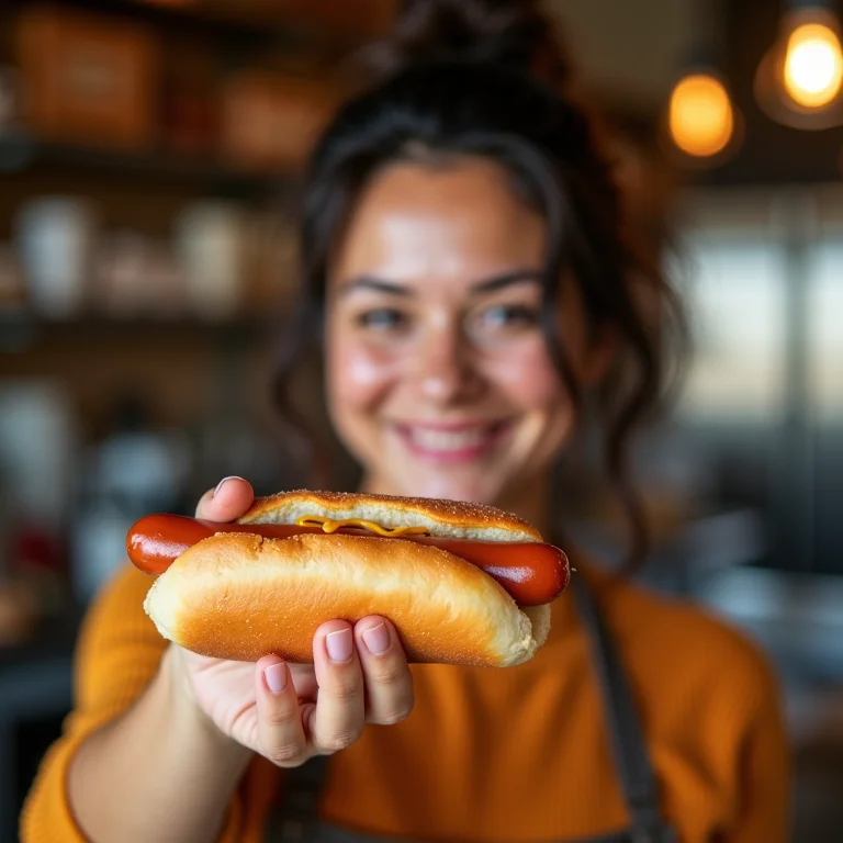 Mulher parda segurando um pão de cachorro quente fresco.