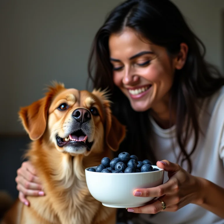 Mulher parda/latina alimentando cachorro com mirtilos