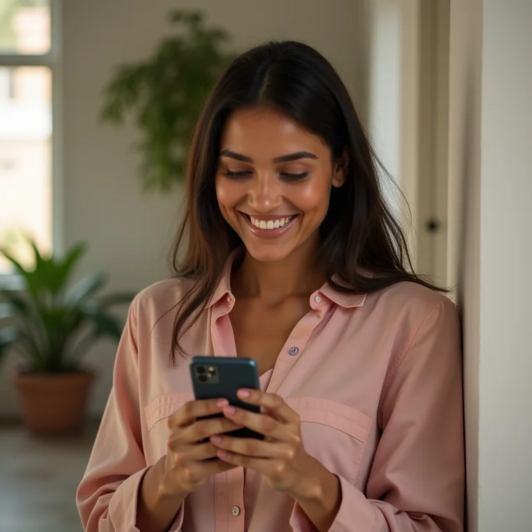 Mulher parda/latina descobrindo oportunidades Nubank no celular