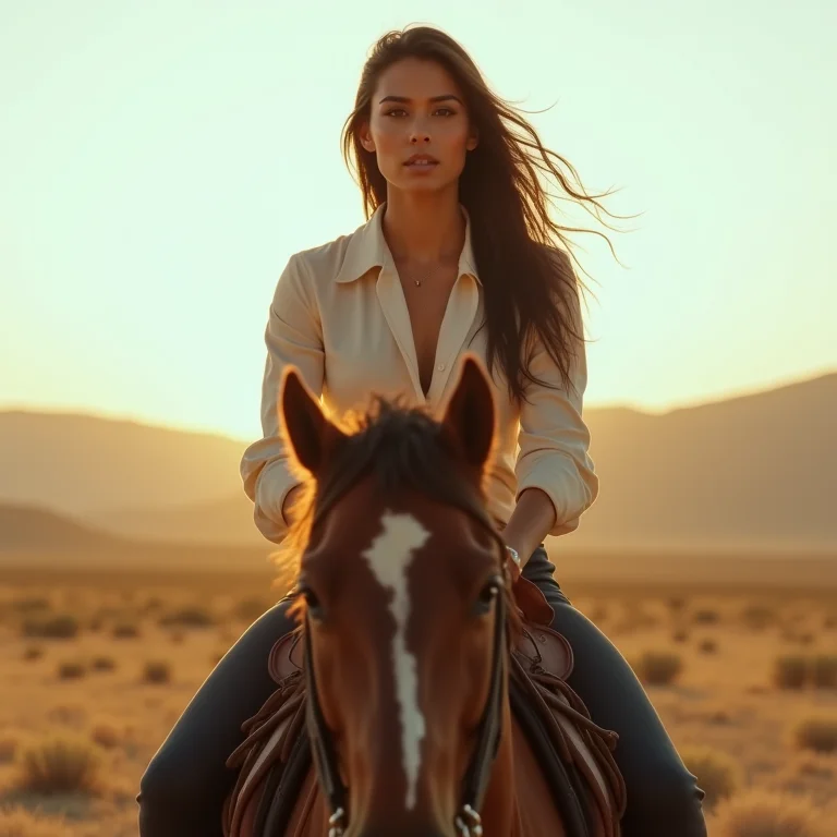 Mulher parda/latina montando a cavalo com expressão determinada
