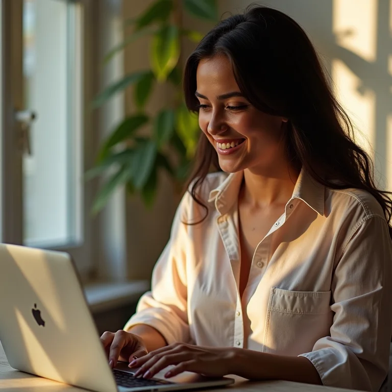 Mulher Parda/Latina navegando rapidamente em abas do navegador com atalhos de teclado.