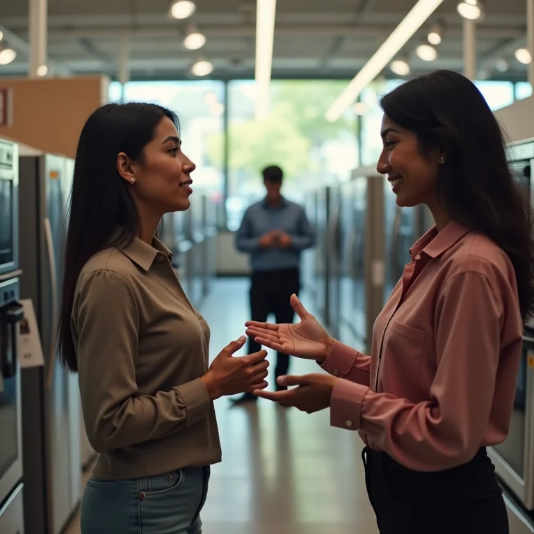Mulher parda/latina negociando o preço de um microondas.