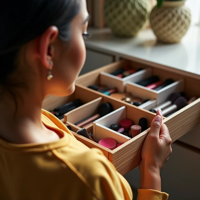 Mulher parda/latina organizando gavetas de maquiagem com divisórias