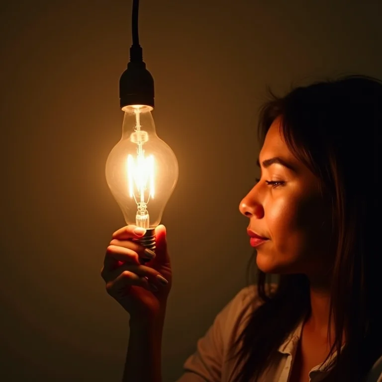 Mulher parda/latina trocando lâmpada por LED, representando iluminação inteligente