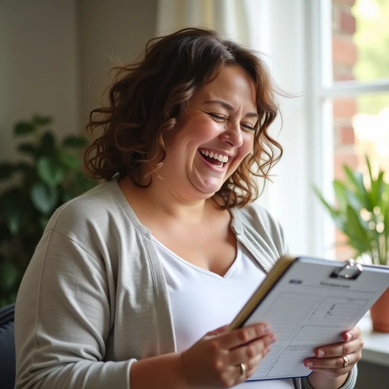 Mulher plus size atualizando sua planilha de remédios.