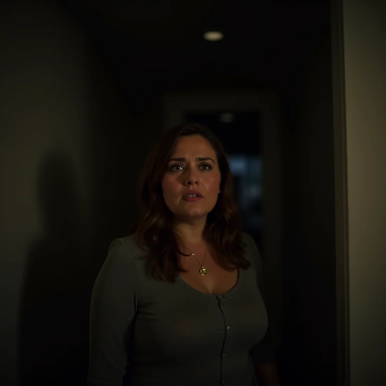 Mulher plus size com expressão preocupada olhando para um corredor escuro, representando a atmosfera de suspense em filmes de terror online.