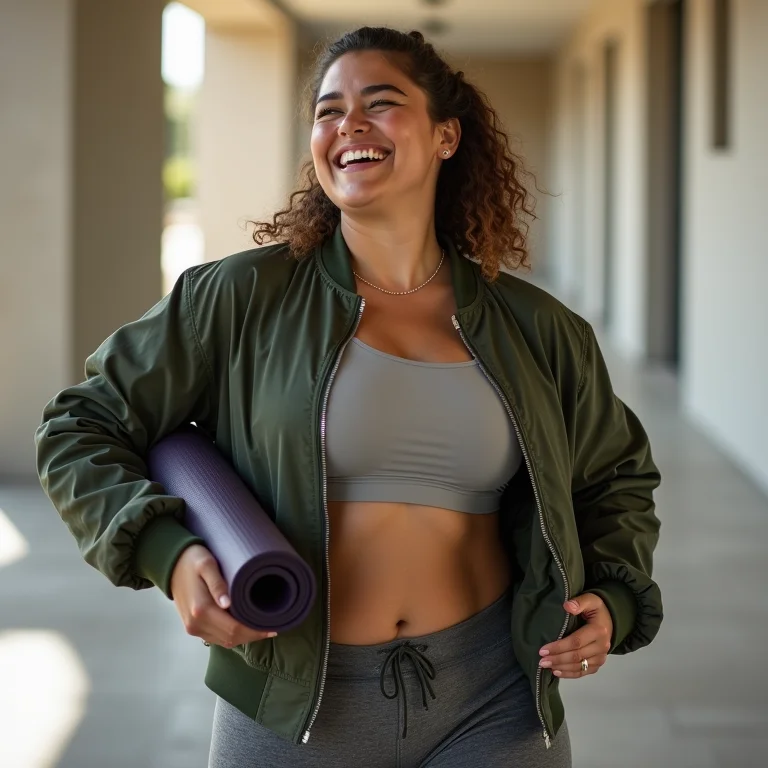 Mulher plus size com jaqueta bomber e look esportivo