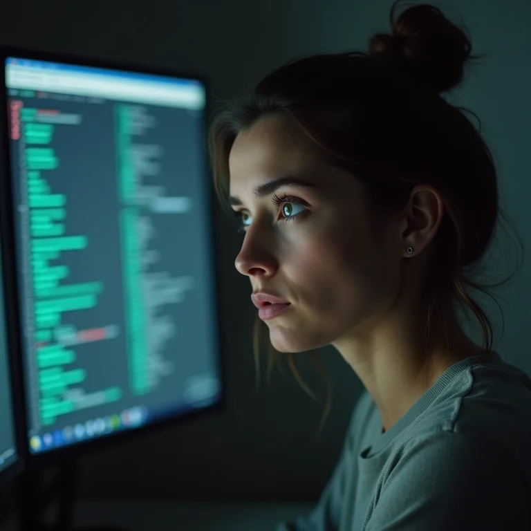 Mulher plus size confusa ouvindo uma sequência de bipes curtos e longos de um computador.