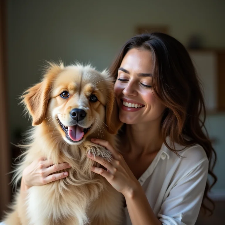 Mulher plus size escovando seu cachorro com carinho.
