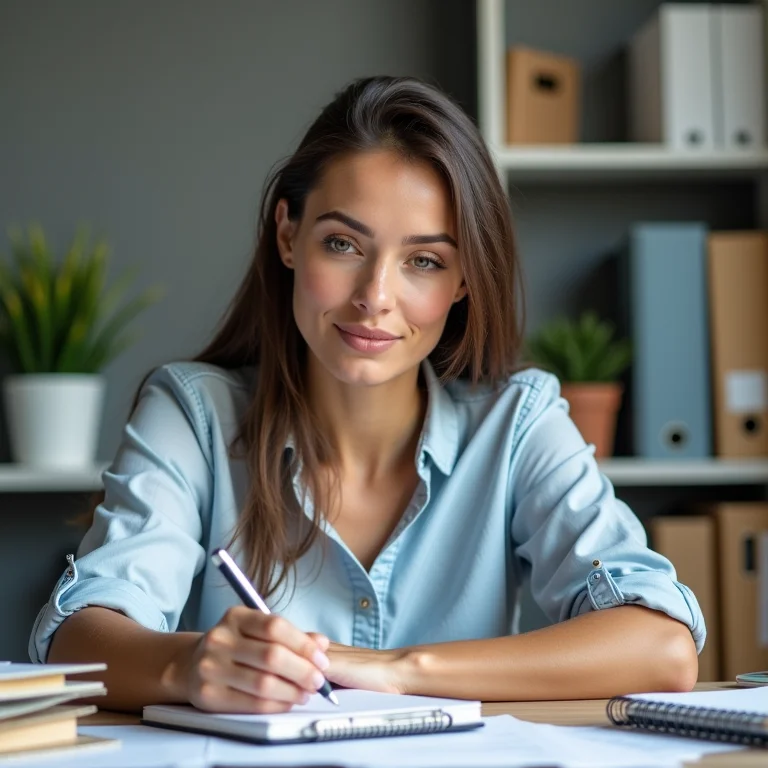 Mulher plus size escrevendo em um bloco de notas, representando medidas administrativas de segurança.