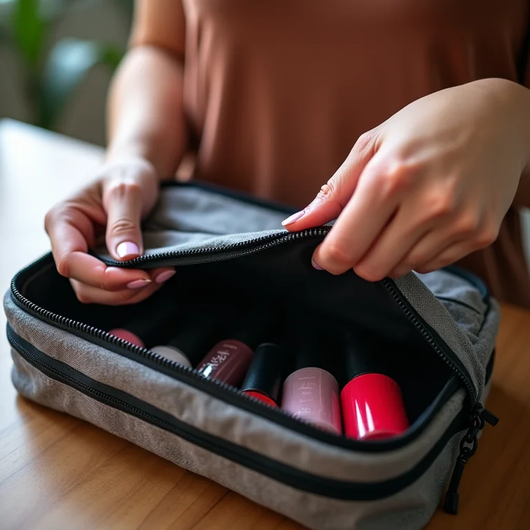 Mulher plus size fechando maleta de esmaltes