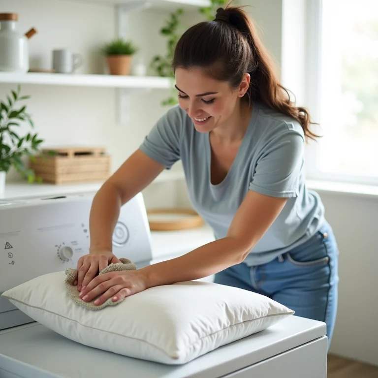 Mulher plus size limpando capa de almofada.