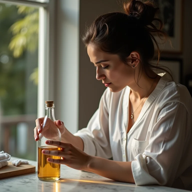 Mulher plus size limpando garrafa de vidro.