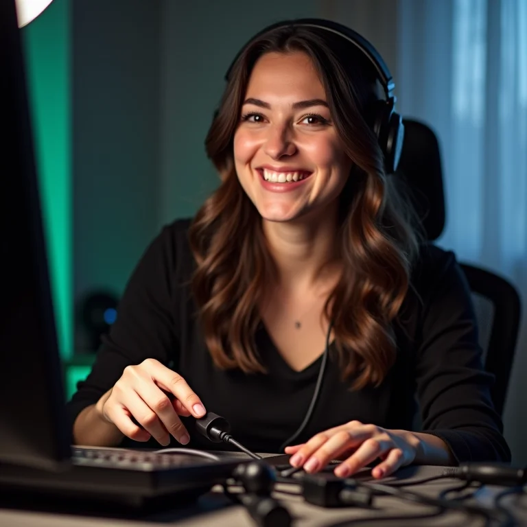 Mulher plus size organizando cabos de setup gamer