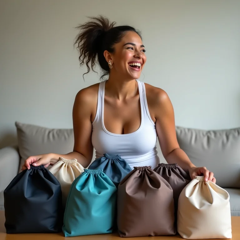 Mulher plus size organizando diferentes tipos de sacos de compressão.