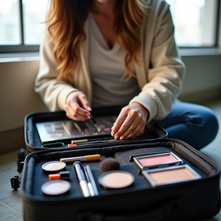 Mulher plus size organizando maleta de maquiagem para viagem.