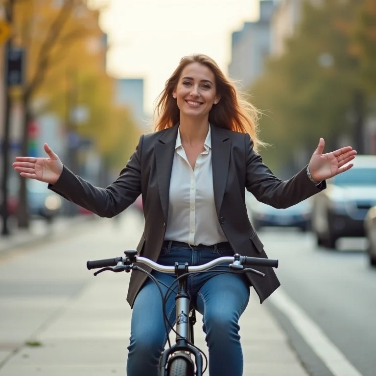 Mulher plus size pedalando na cidade.