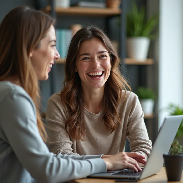 Mulher plus size rindo durante video chamada no Google Chat