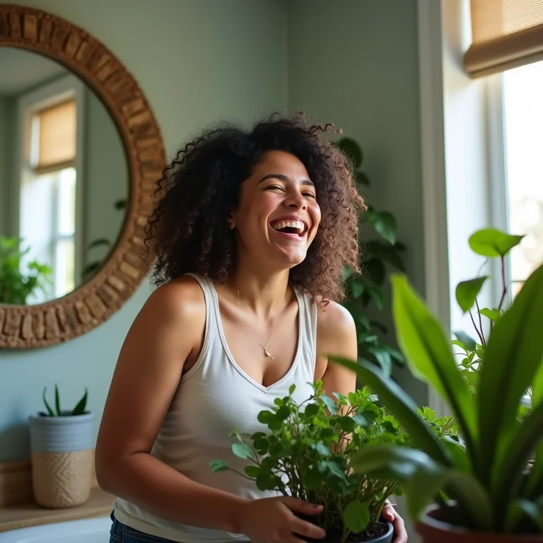 Mulher plus size rindo e decorando o banheiro com plantas