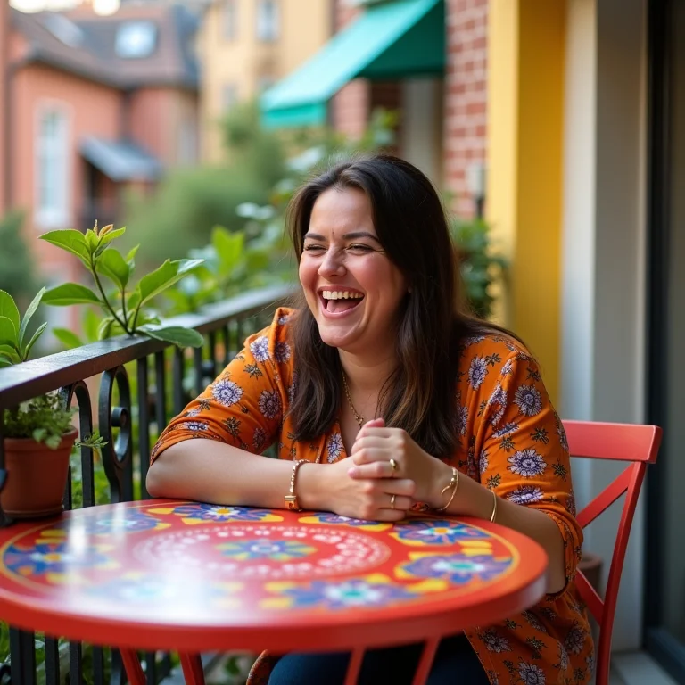 Mulher plus size rindo em varanda colorida com mesa bistrô