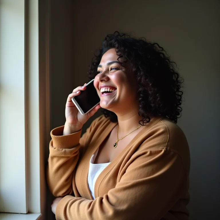 Mulher plus size rindo enquanto conversa no Telegram, construindo relacionamentos duradouros.