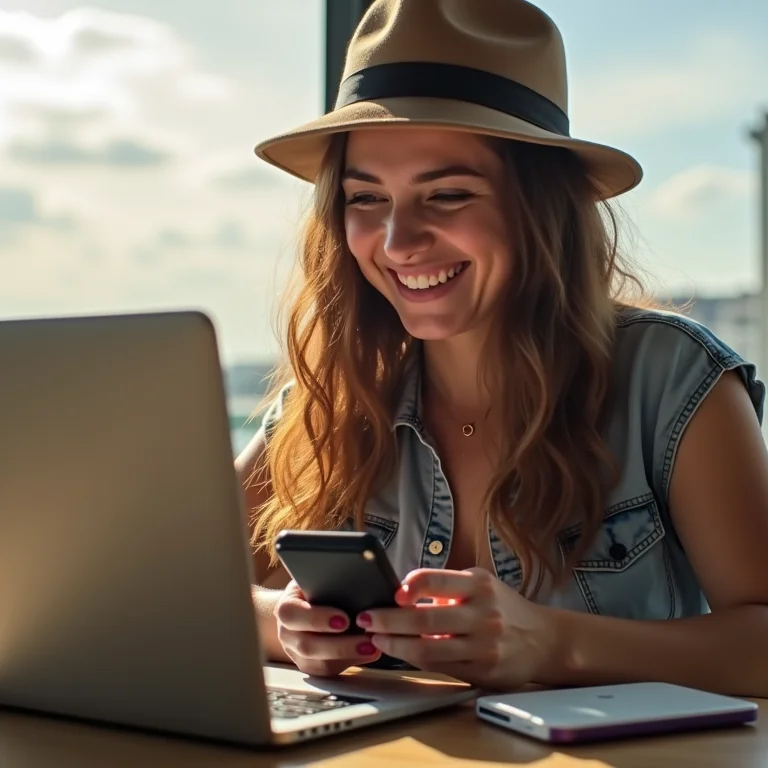 Mulher plus size rindo enquanto faz backup dos dados do celular em disco externo.