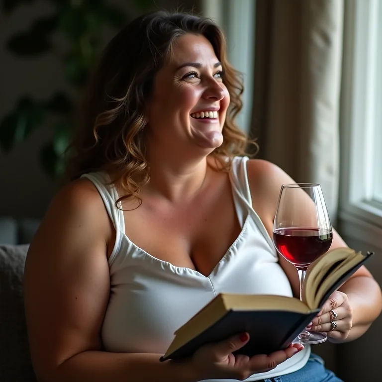Mulher plus size rindo enquanto segura um livro finalizado e uma taça de vinho.