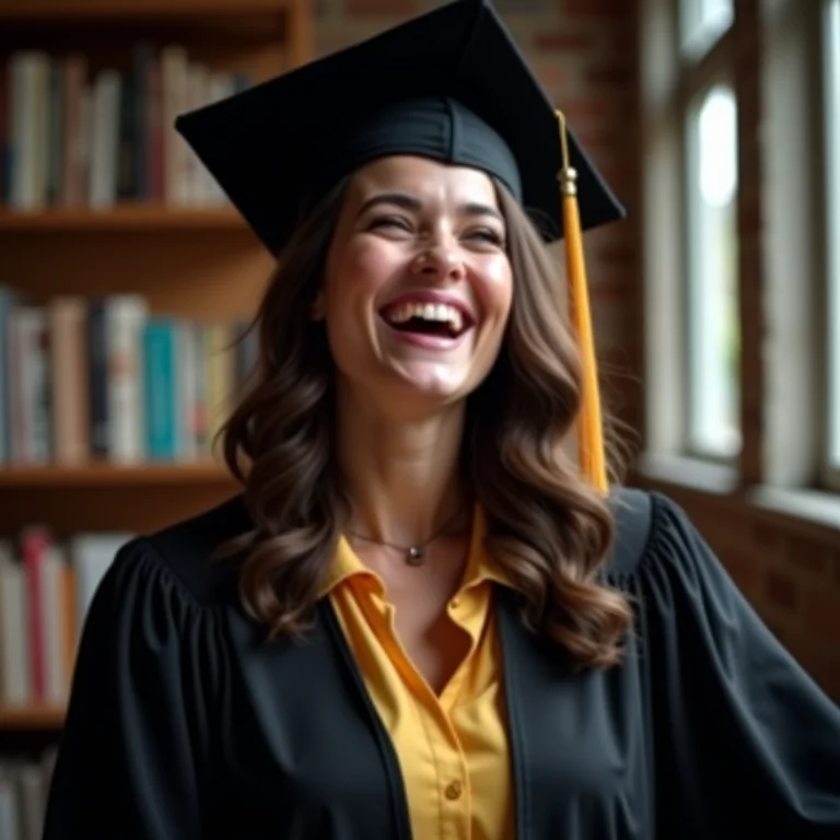 Mulher plus size rindo vestindo beca de formatura.