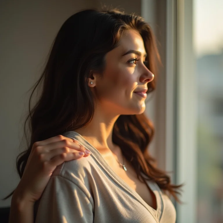 Mulher plus size sendo consolada, olhando para o futuro com esperança, evitando transparecer arrependimento ou vitimização.