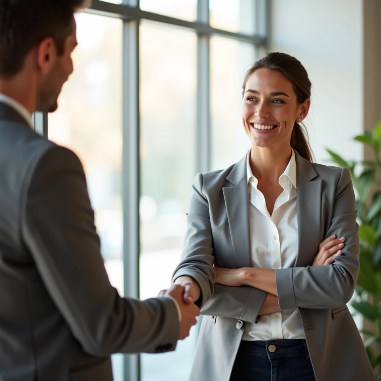 Mulher plus size sorrindo apertando a mão de um fornecedor, representando confiança