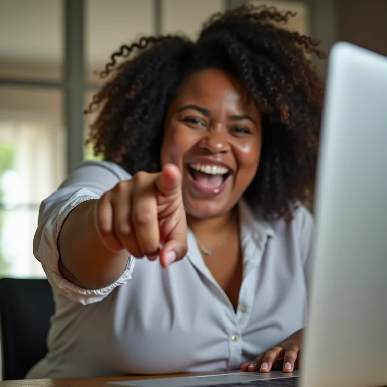 Mulher plus size sorrindo e mostrando botão de call to action na tela