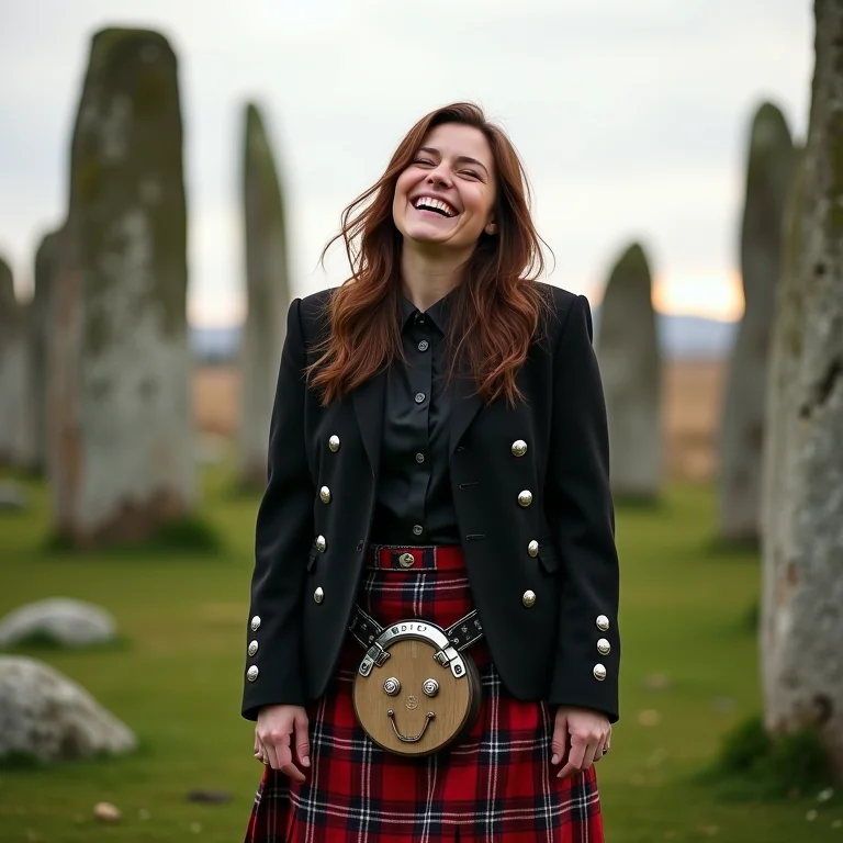 Mulher plus size sorrindo em cenário com pedras antigas escocesas.