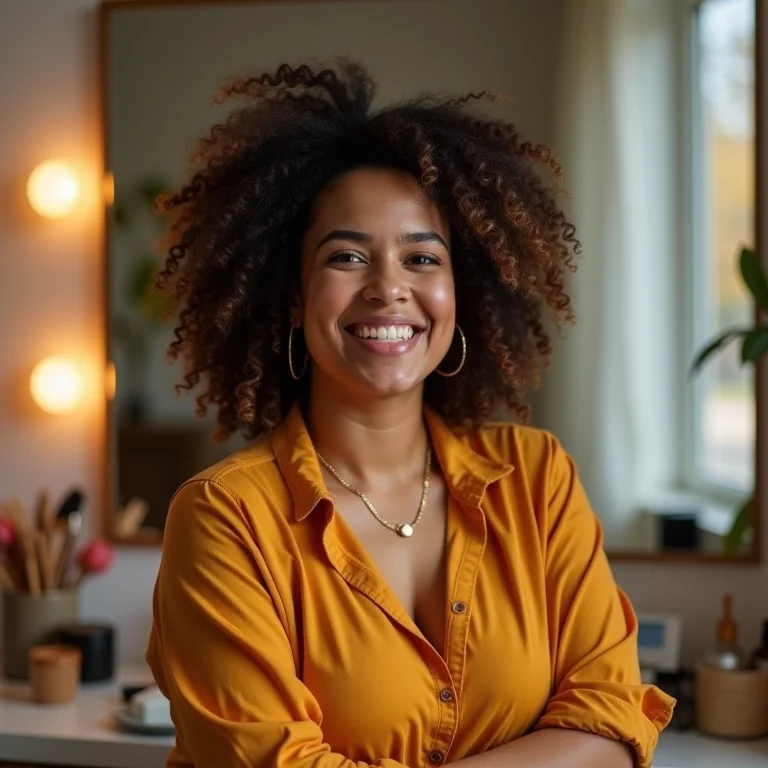 Mulher plus size sorrindo em frente a uma penteadeira bem iluminada