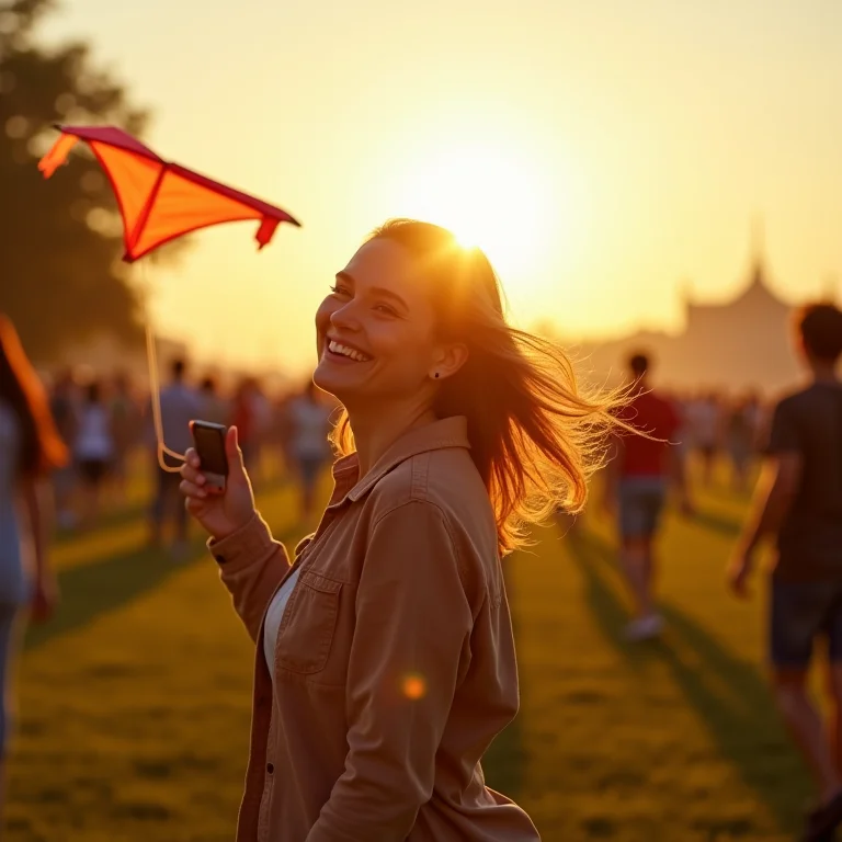 Mulher plus size sorrindo enquanto empina pipa
