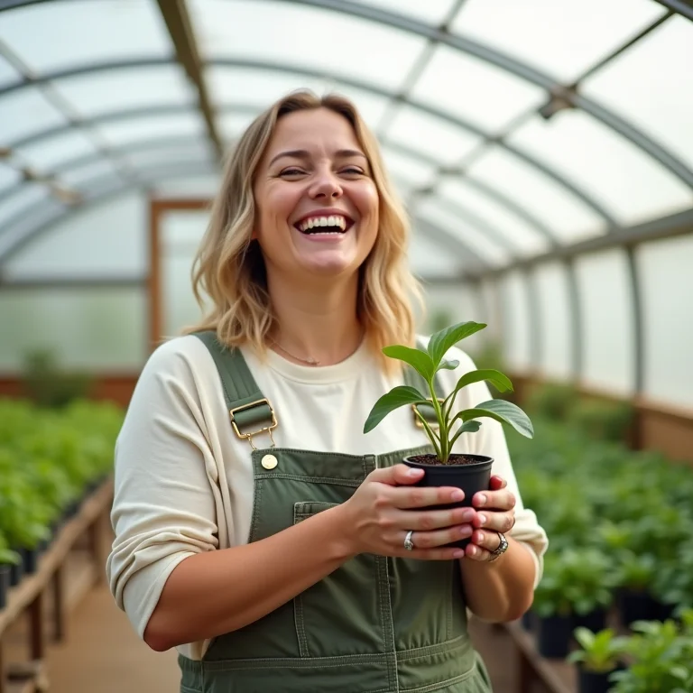 Mulher plus size sorrindo, segurando muda de planta em estufa.