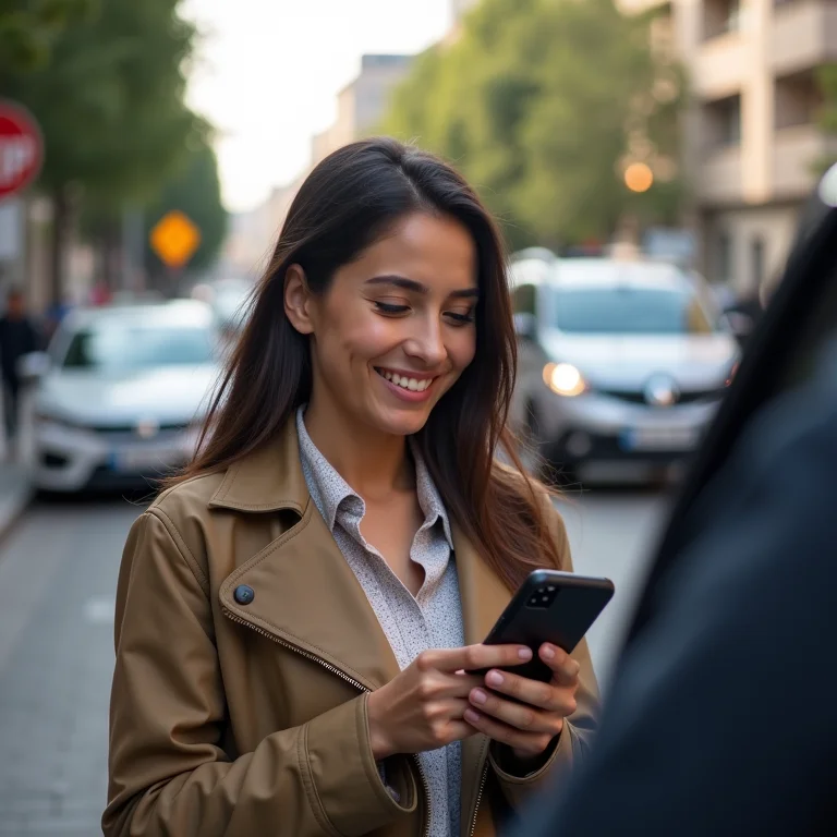 Mulher plus size usando app de tradução para se comunicar com motorista do Uber