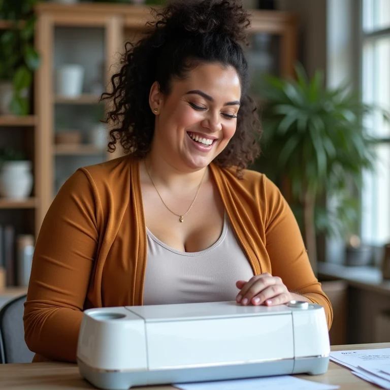 Mulher plus size usando equipamentos essenciais para criar papelaria personalizada em casa, com alegria e satisfação.
