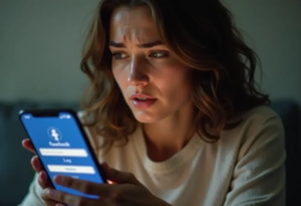 Mulher preocupada olhando para a tela de login do Facebook no celular